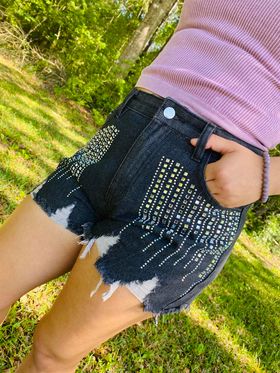 Rhinestones Distressed Denim Shorts