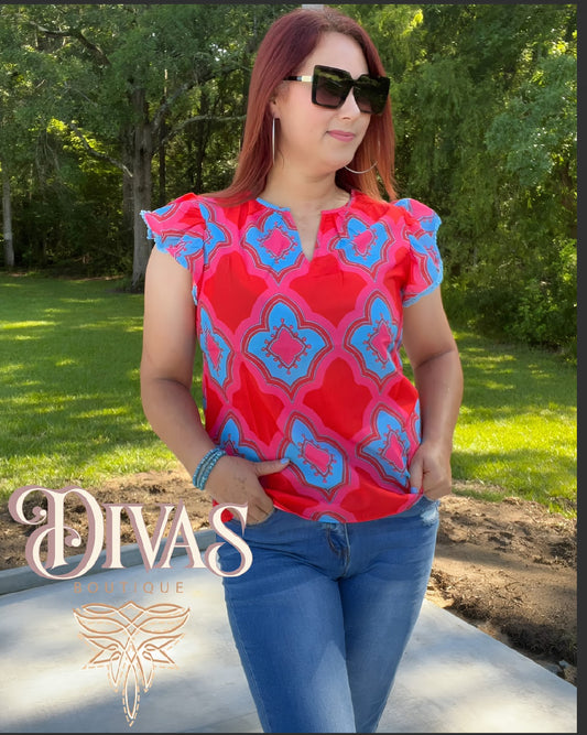 Ody Red And Blue V Neck Blouse