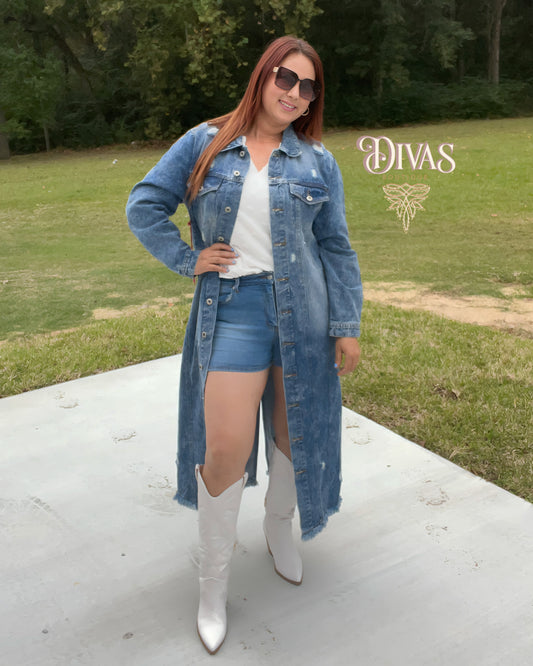 Destressed Long Denim Jacket-Olivia