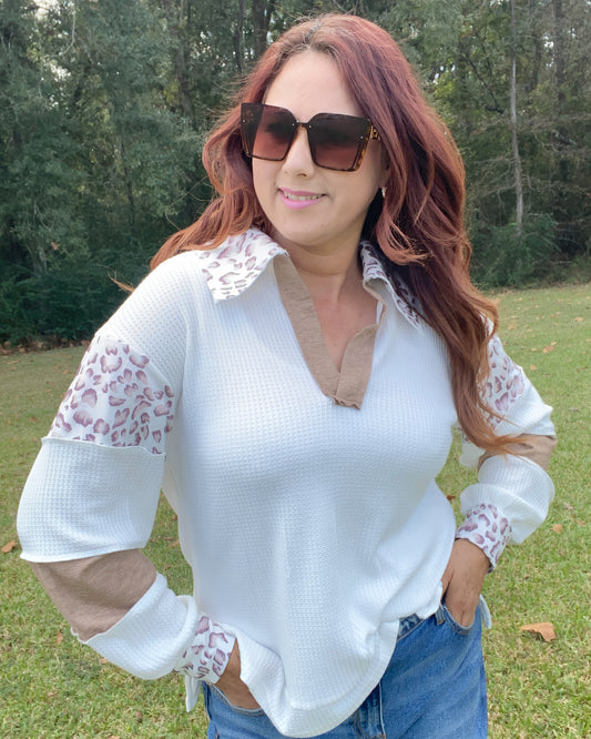 White Leopard V neck Top